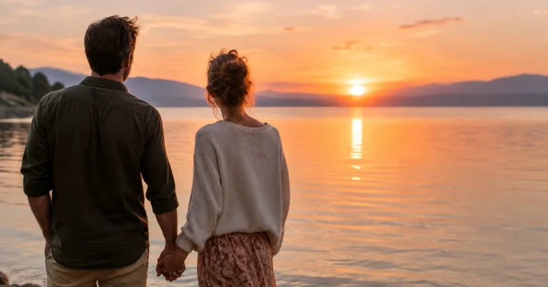 Âme sœur : un couple se tient la main au bord d'un lac au coucher du soleil, vu de dos, lumière dorée