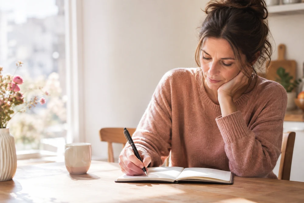 Amour ou manque : une femme écrit une liste dans un carnet à une table de cuisine, lumière du matin