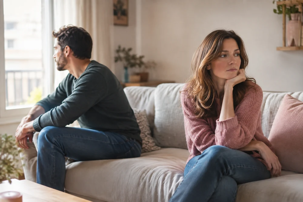 Homme évitant : un couple sur un canapé, espace entre eux, l'homme tourné vers une fenêtre
