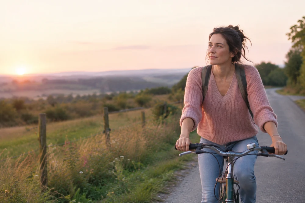 Se remettre d'une rupture amoureuse : une femme fait une balade à vélo sur une route de campagne