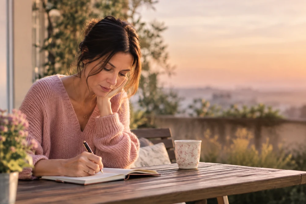 Sortir de la dépendance affective : une femme écrit dans un journal intime à une table de jardin, lumière du soir