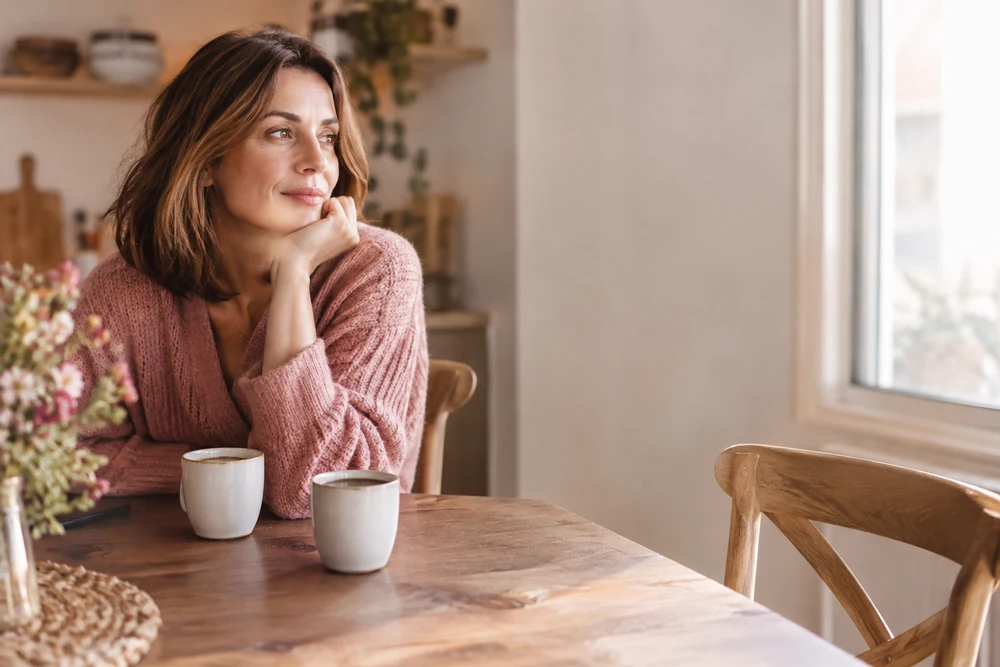 Et si ton ex était ton âme sœur : deux tasses de café sur une table de cuisine, une seule chaise occupée, ambiance douce