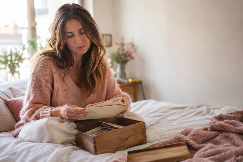 Flamme jumelle fuyarde : une femme range doucement des lettres dans une boîte en bois sur son lit