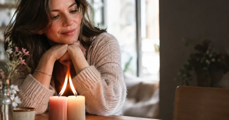 Flamme jumelle : deux bougies dont les flammes se rejoignent dans une pièce sombre et chaleureuse
