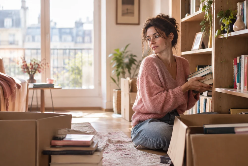 Après une longue relation : une femme réorganise sa bibliothèque dans un appartement lumineux, cartons à moitié vidés