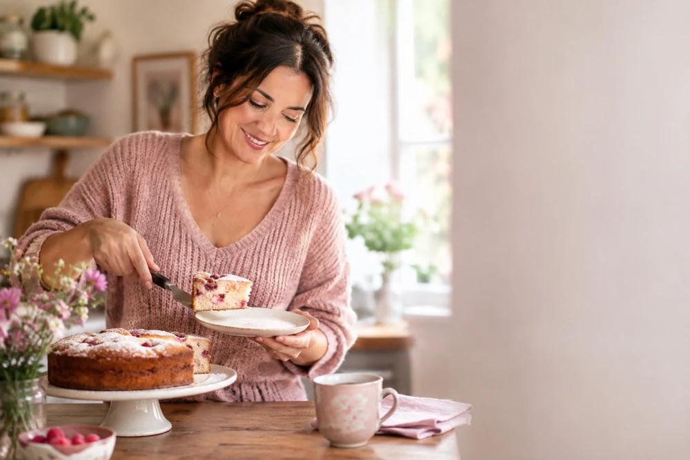 Arrêter d'accepter des miettes : une femme se sert une vraie part de gâteau et sourit, cuisine chaleureuse