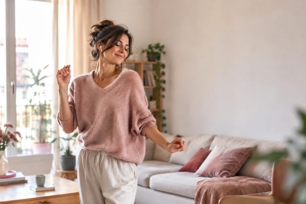 Oublier quelqu'un : une femme danse seule dans son salon, écouteurs aux oreilles, sourire