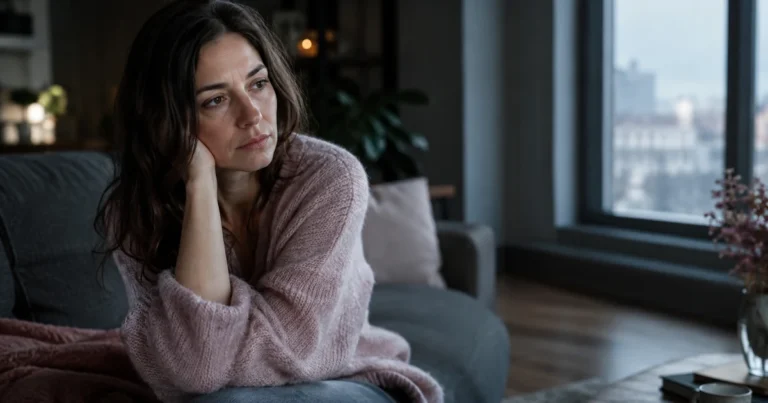 Pervers narcissique : une femme seule dans un salon sombre, regard fatigué, lumière froide de fenêtre