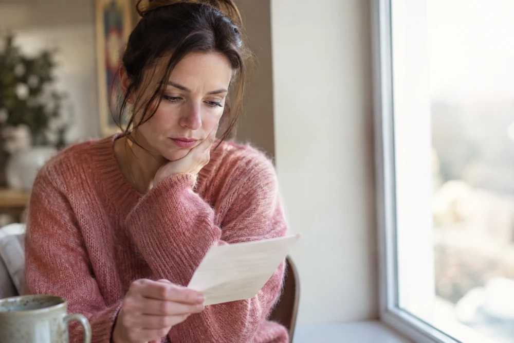 Premier message à son ex : une femme relit un mot écrit à la main, assise près d'une fenêtre