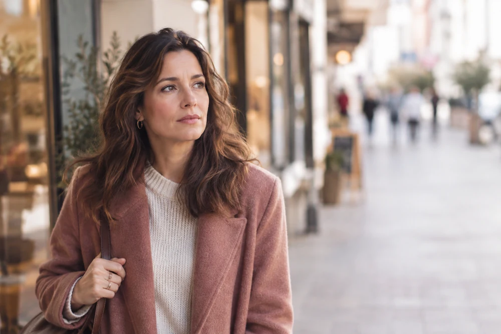 Pourquoi un homme veut rester ami avec son ex : une femme pensive marche seule dans une rue commerçante