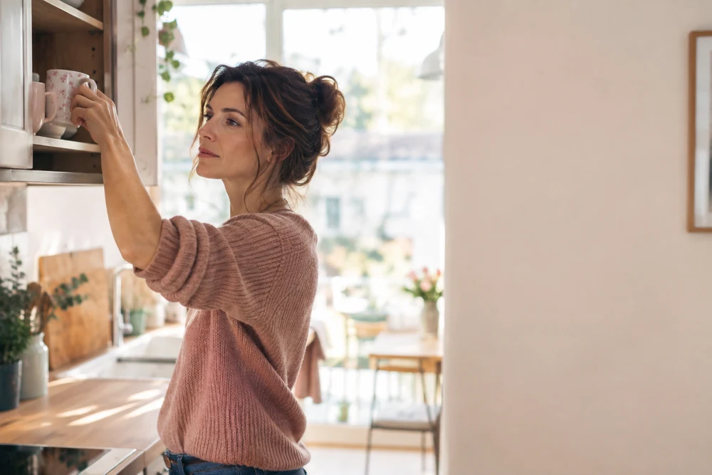 Il revient puis repart : une femme range une deuxième tasse dans un placard de cuisine, geste décidé