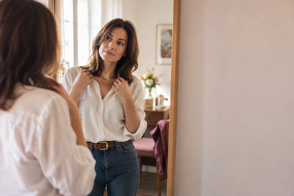 Revoir son ex : une femme se prépare devant un miroir, choisit une tenue simple, ambiance calme