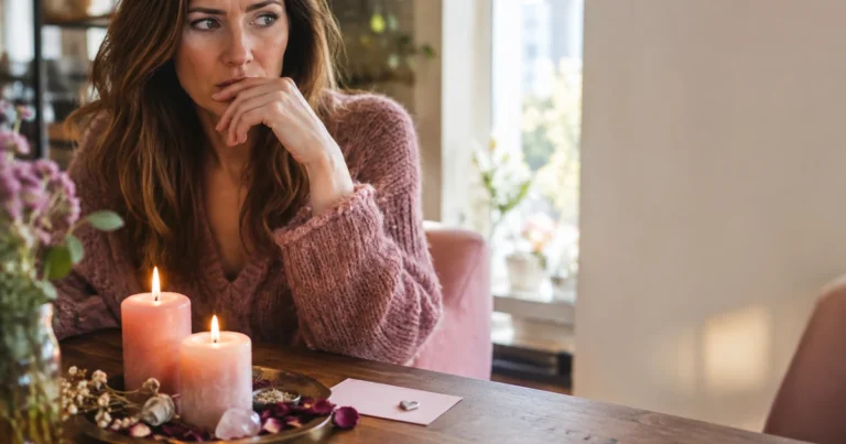 Rituel pour faire revenir son ex : des bougies et une carte de visite sur une table, une femme méfiante