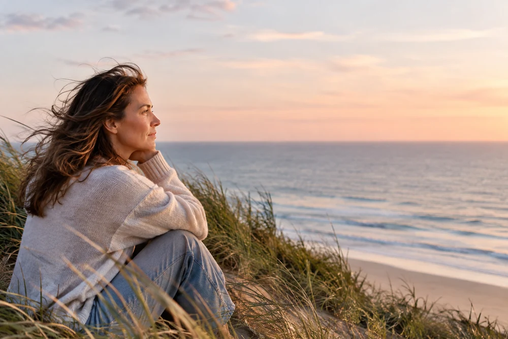 Perdre le bon : une femme regarde la mer depuis une dune, cheveux au vent, horizon dégagé
