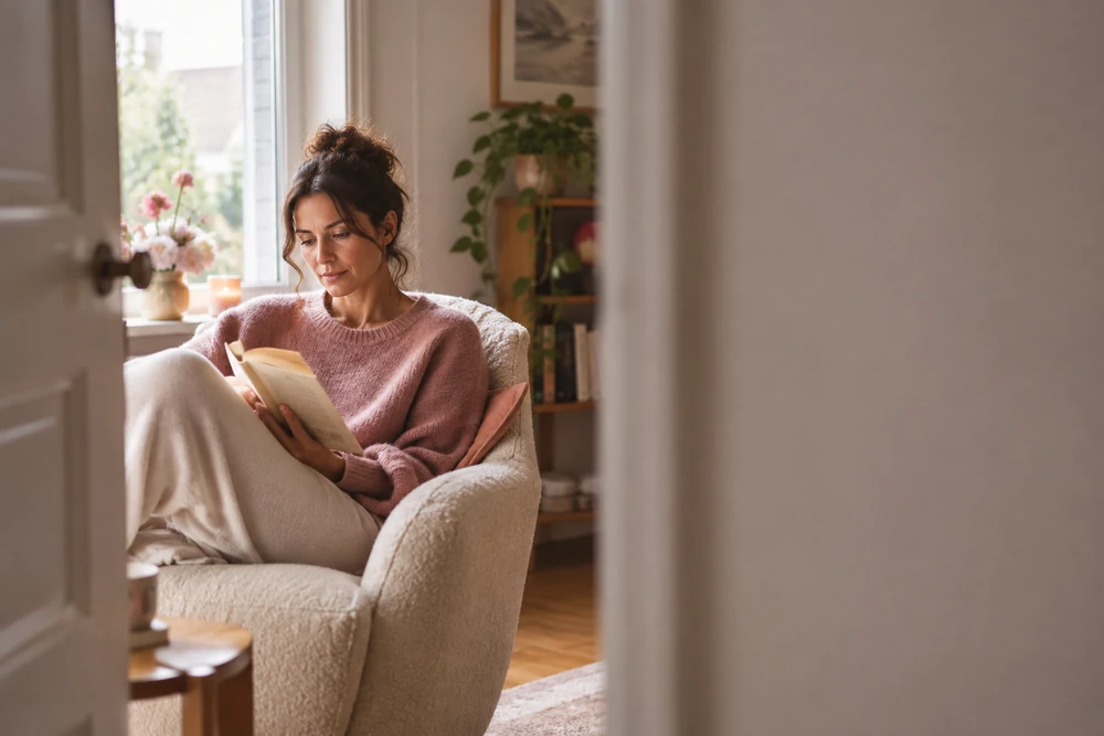 Poser ses limites en couple : une femme lit seule dans un fauteuil, porte de la pièce entrouverte, moment pour elle