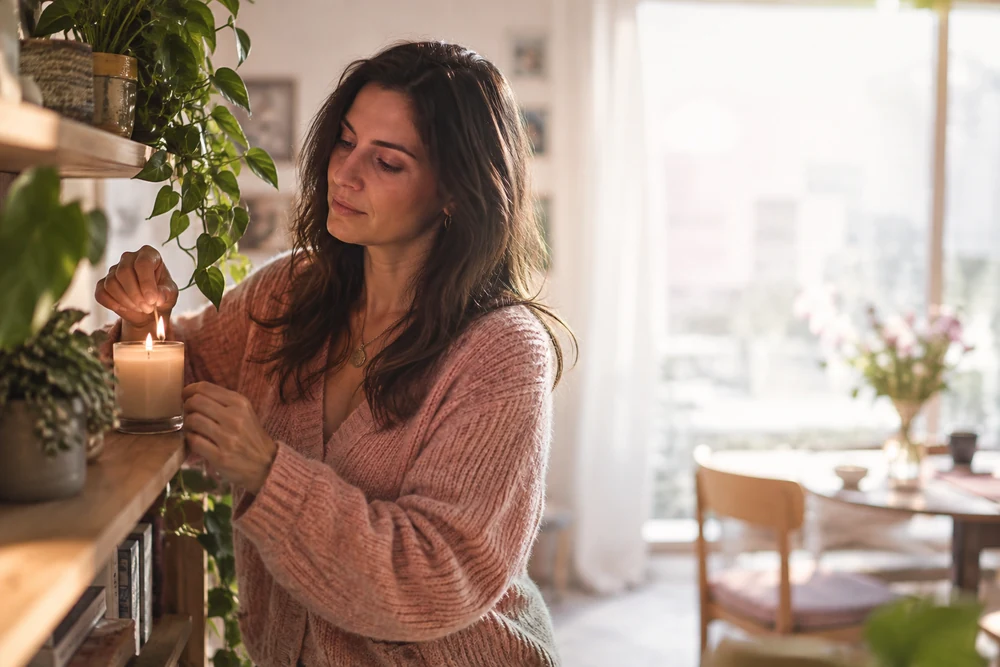 Séparation des flammes jumelles : une femme allume une bougie sur une étagère à côté de plantes, ambiance apaisée