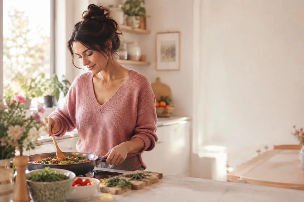 Silence radio avec son ex : une femme cuisine un bon repas pour elle seule, cuisine lumineuse, musique douce