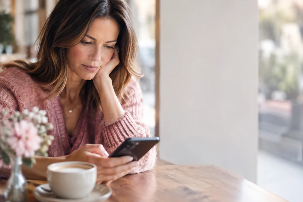 SMS pour récupérer son ex : mains de femme qui tiennent un téléphone, écran flou, café à côté
