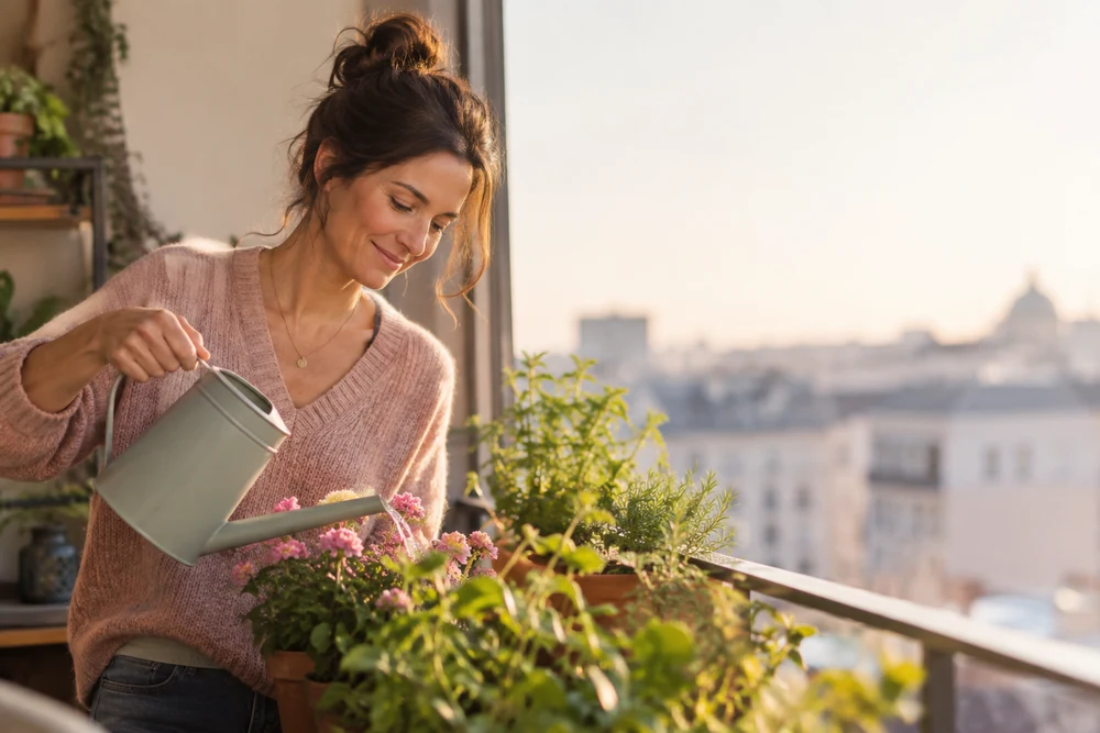 Surmonter une rupture quand on l'aime encore : une femme arrose des plantes sur son balcon, sourire léger