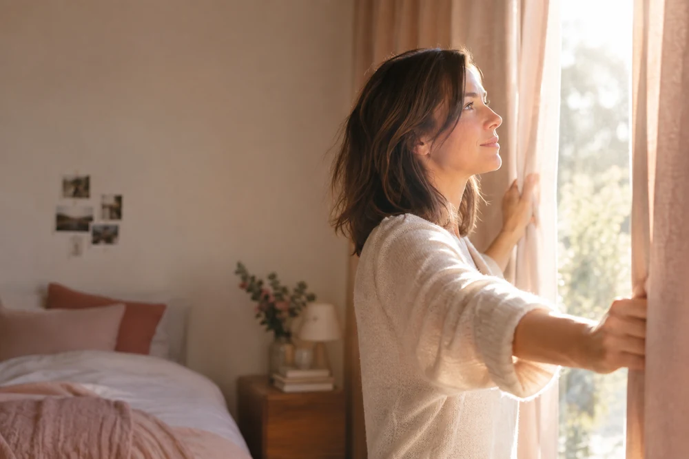 Quand tout semble perdu : une femme ouvre les rideaux d'une chambre sur une matinée ensoleillée
