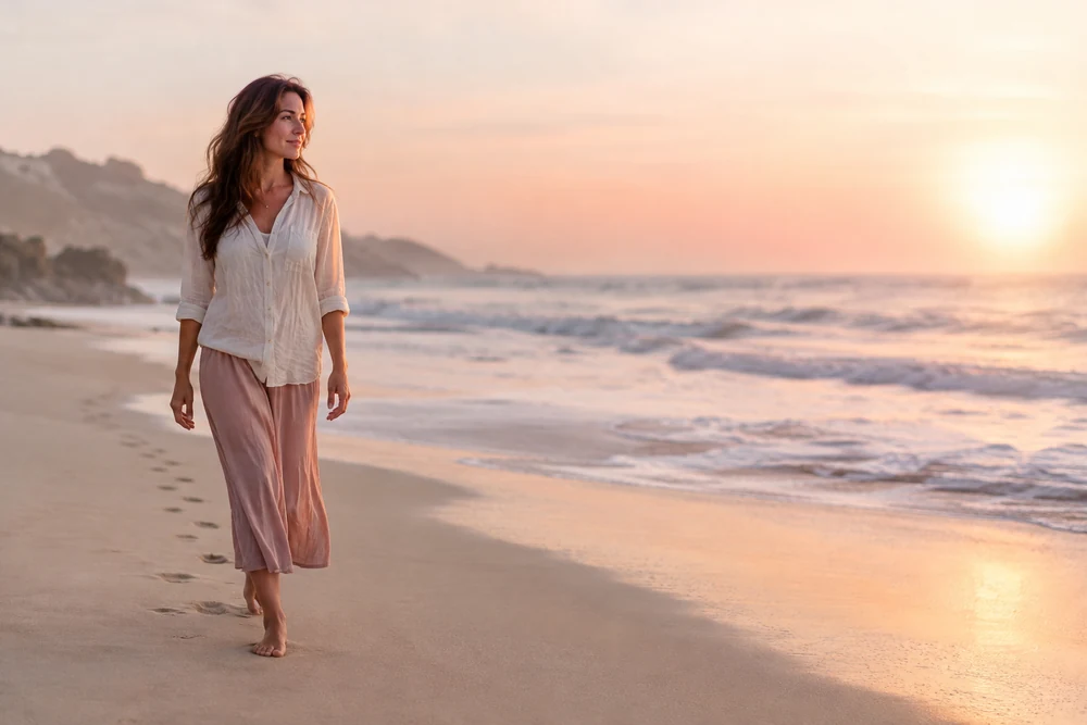11h11 et l'éveil : une femme marche pieds nus sur une plage au matin, traces de pas dans le sable