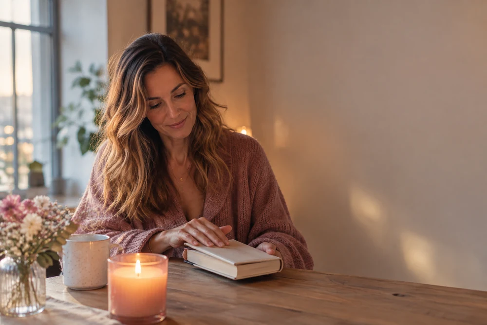 18h18 et flamme jumelle : une femme referme doucement un livre près d'une bougie, ambiance de soirée paisible