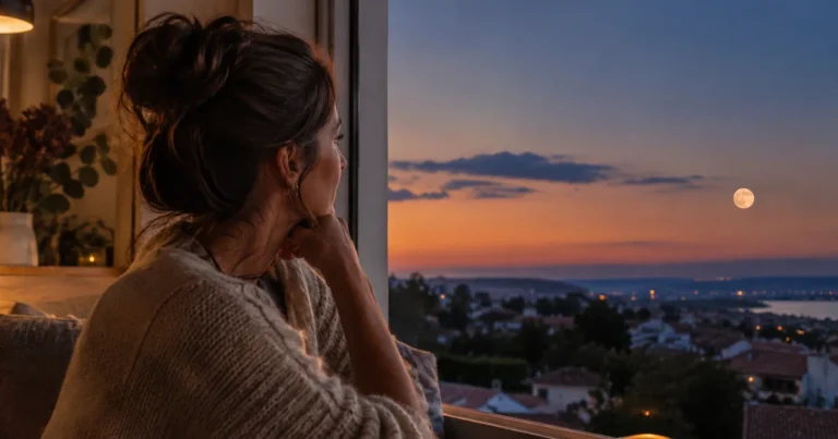 18h18 flamme jumelle : une femme regarde la lune se lever au crépuscule depuis une fenêtre, ciel bleu nuit et orangé