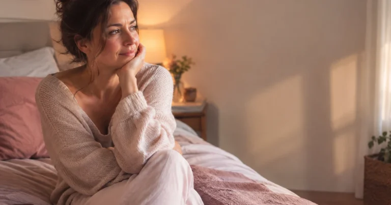 21h21 flamme jumelle : une femme assise sur son lit le soir, téléphone posé à côté d'elle, lumière de lampe chaude