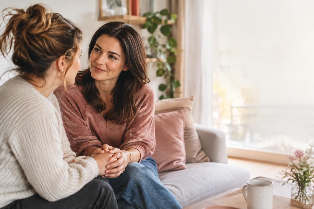 Âme sœur amicale : deux amies se tiennent la main pendant une conversation sincère dans un salon cosy