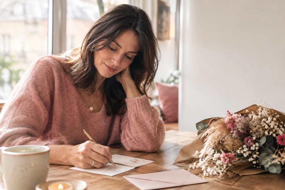 Citations âme sœur : une femme écrit une carte à la main près d'un bouquet de fleurs séchées, ambiance douce