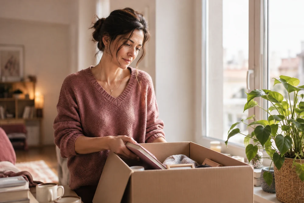 Tenir après une rupture choisie : une femme range des affaires dans un carton près d'une fenêtre, plante verte, ambiance apaisée
