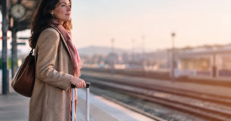 Quitter quelqu'un qu'on aime : une femme debout sur un quai de gare avec une petite valise, regard serein vers l'horizon
