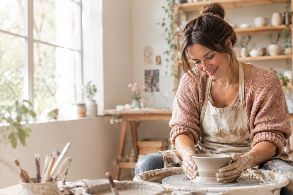 Vivre sa vie sans mise en scène : une femme fait de la poterie dans un atelier lumineux, concentrée et heureuse