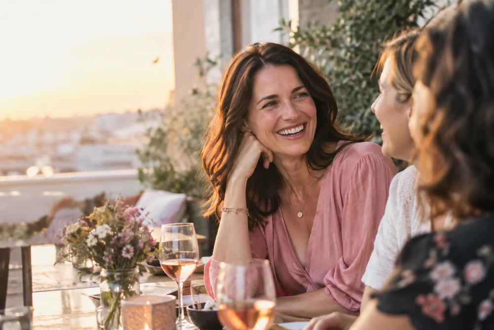 Trouver l'amour sans s'oublier : une femme rit avec des amies autour d'une table en terrasse, lumière de fin de journée