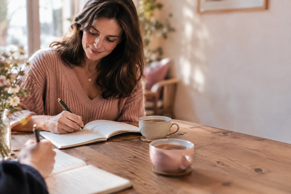 Ce qui fait vraiment la compatibilité : deux mains qui écrivent chacune dans un carnet ouvert sur une table en bois, tasses de thé