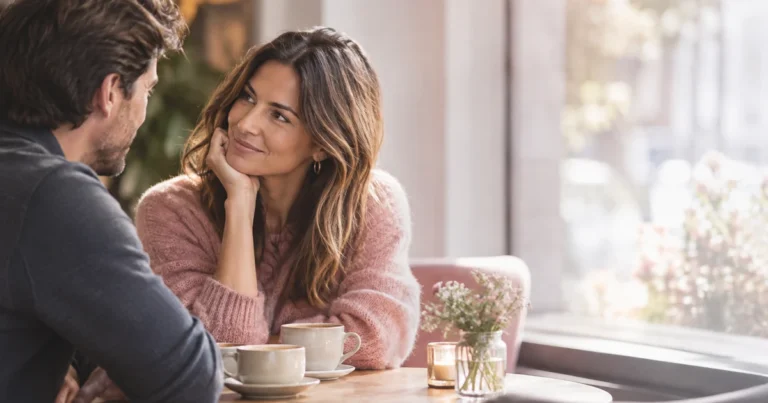 Compatibilité amoureuse : un couple assis face à face à une table de café, conversation complice, lumière douce de fin d'après-midi