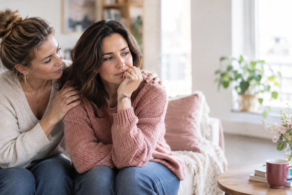 Se protéger d'un ex toxique : une femme entourée d'une amie bienveillante dans un salon lumineux, main posée sur son épaule