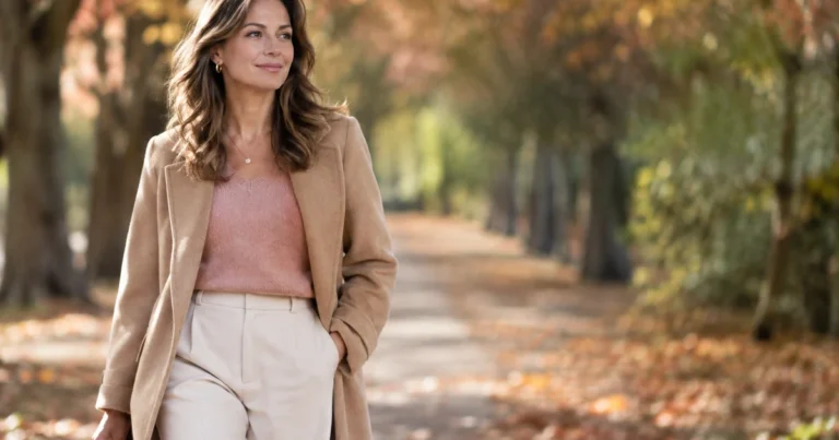 Femme de valeur : une femme élégante et sereine marche d'un pas assuré dans une allée d'arbres en automne