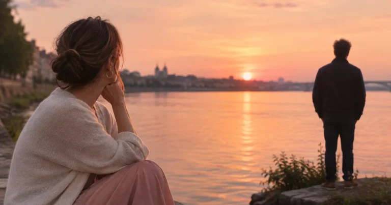 Flamme jumelle amour impossible : une femme et un homme de dos sur deux rives d'une rivière au coucher du soleil