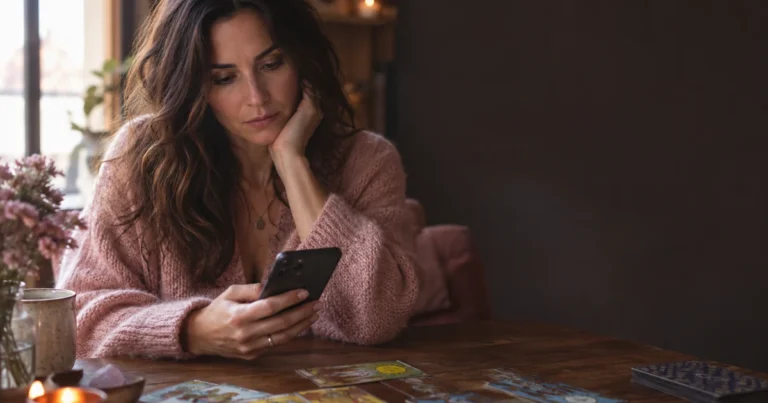 Flamme jumelle danger : une femme seule regarde son téléphone dans une pièce sombre, entourée de cartes de tarot éparpillées