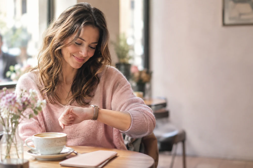 Heure miroir et flamme jumelle : une femme jette un coup d'œil à sa montre au poignet dans un café, sourire léger