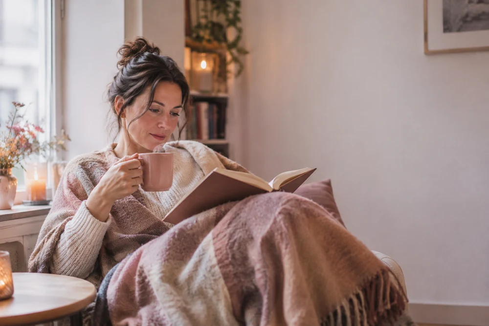 Hypersensible et apaisée : une femme lit sous un plaid dans un coin cosy, lumière tamisée, tasse fumante