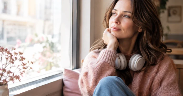 Hypersensible en amour : une femme assise près d'une fenêtre, casque audio sur les épaules, regard doux et pensif