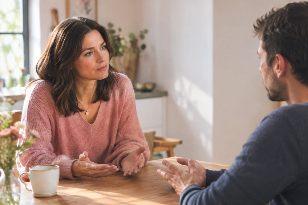 Il ne m'aime plus, que faire : un couple discute calmement assis face à face à une table de cuisine, mains ouvertes