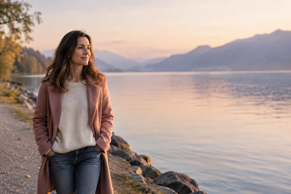 Jalousie maladive, retrouver la paix : une femme marche calmement au bord d'un lac au matin, mains dans les poches