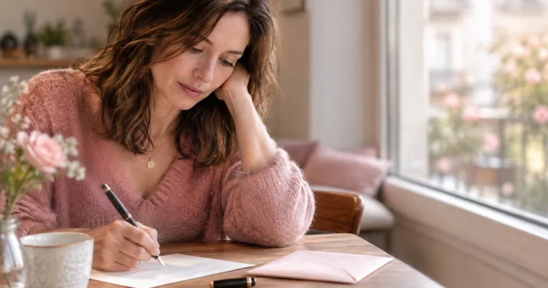 Lettre pour reconquérir son ex : une femme écrit une lettre à la main près d'une fenêtre, enveloppe et stylo plume sur la table