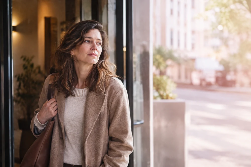 Sortir de l'emprise : une femme sort d'un immeuble vers la lumière du jour, sac sur l'épaule, pas décidé