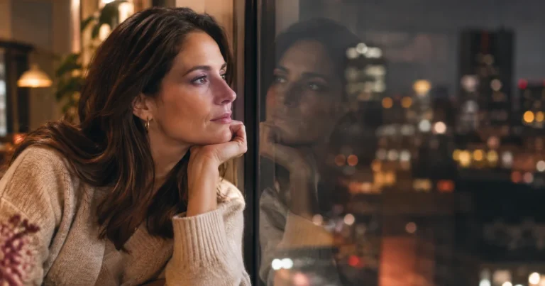 Manipulateur affectif : une femme regarde son reflet dans une fenêtre la nuit, expression lucide, ville floue derrière