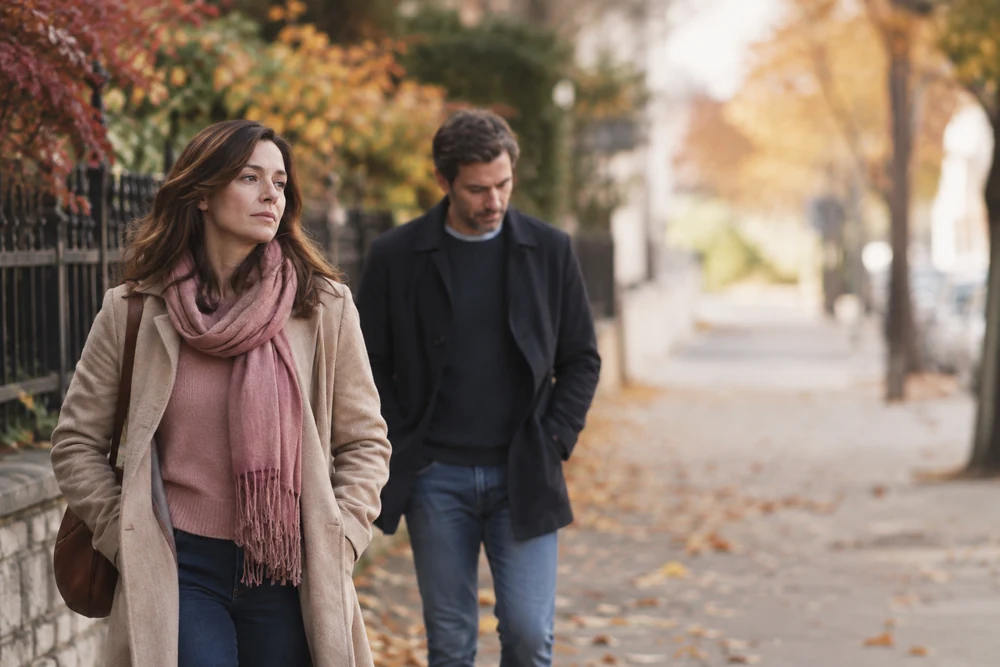 Aller lentement après un retour : un couple marche côte à côte dans une rue d'automne, une certaine distance entre eux