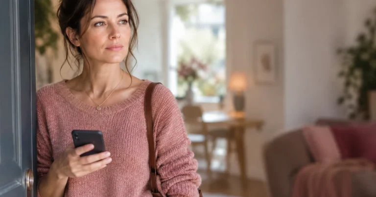 Mon ex est revenu : une femme sur le pas de sa porte, téléphone à la main, expression réfléchie et calme